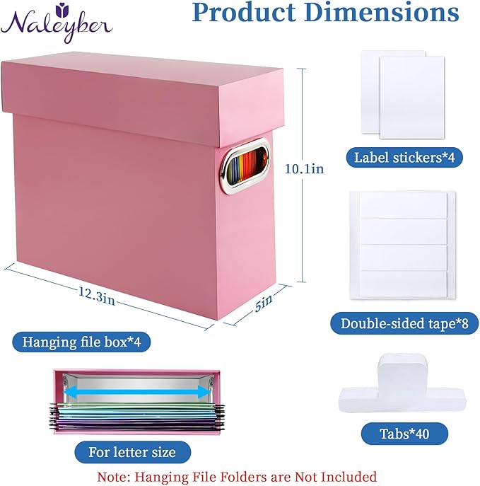 File Organizer Box with Lid & Handle, Heavy Duty Hanging File Folder Storage Boxes for Letter Size, Portable Filing Organizer for Office, Home, Classroom, Pink 4 Pack
