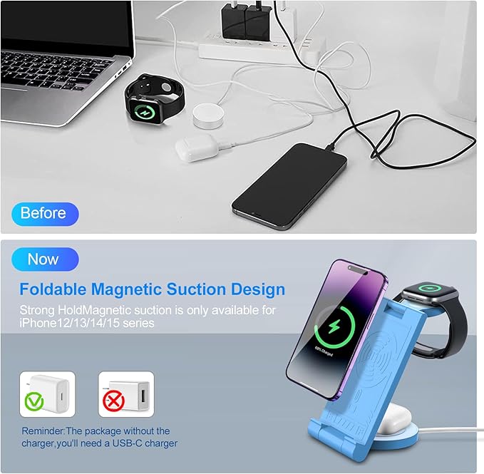 2024 Upgrated Wireless Charger: 3 in 1 Charger Stand Multiple Devices for Apple - iPhone 16 15 14 Pro Max 13 12 11 - Watch 10 9 8 7 6 5 4 3 2 SE and Ultra Series - Airpods 4 3 2 Pro
