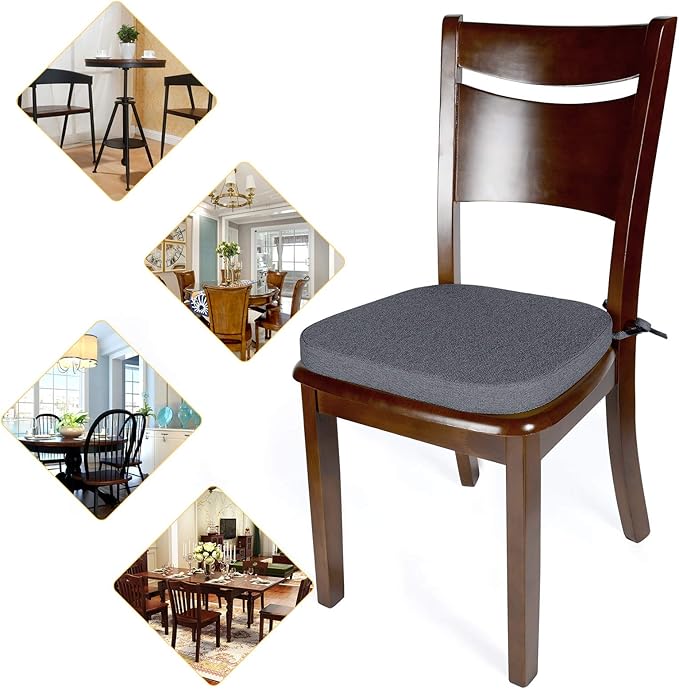 Shinnwa Seat Cushions for Kitchen Chairs, Non Slip Dining Chair Cushion with Ties, 15 x 15.5 inches, Dark Gray