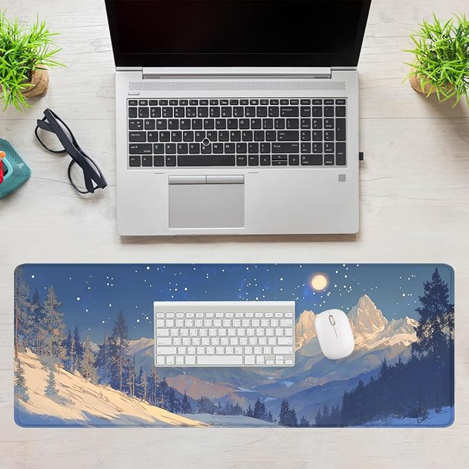 Winter Mountain Night Gaming Mouse Pad Starry Sky Snow Peaks Mousepad Extended Large Laptop Keyboard Non-Slip Rubber Base with Stitched Edges for Home 31.5 x 11.8 inch