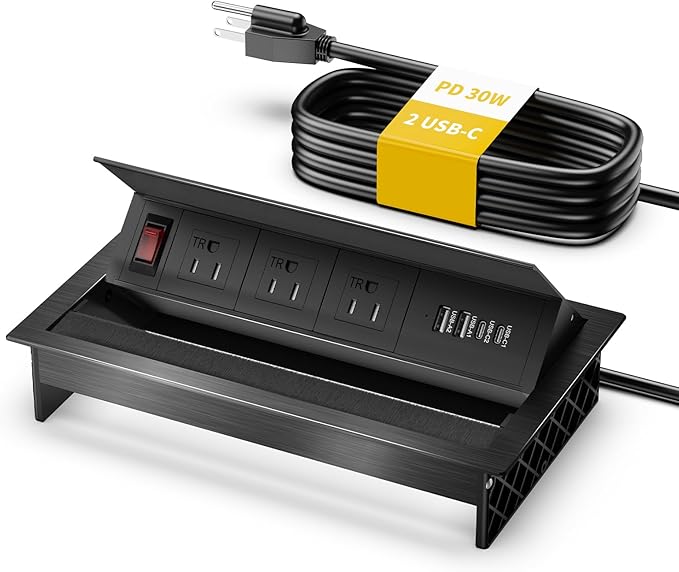 Conference Table Power Hub Outlet, Kungfuking Connectivity Box Rotatable with 30W USB C, 18W USB A, 3 AC Outlets, Heavy Duty Metal Table Top Box for Countertop Office, 6 FT Cord
