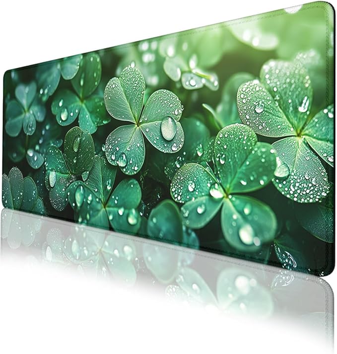 Four Leaf Clover Gaming Mouse Pad St Patricks Day Green Shamrock Extended Mousepad Waterproof Stitched Edges Rubber Base Non-Slip Deskpad Computer Keyboard Mat 31.5x11.8 in