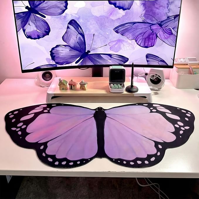 Tellegloww Large Purple Butterfly Gaming Mouse Pad Desk Mat Decorative Butterfly Keyboard Desk Mat with Non-Slip Base Purple Table Accessories for Office Home Study 35.43 x 15.75 Inches