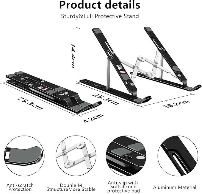 Laptop Stand, Computer Tablet Stand, Adjustable Aluminum Foldable Portable Laptop Holder Riser, Compatible with MacBook Air Pro, Lenovo, HP, Dell, More 10-15.6” Laptops and Tablets (Black)