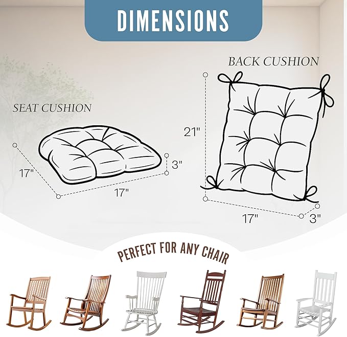 The Gripper Twill Jumbo XL Non-Slip Rocking Chair Cushion Set with Thick Padding, Includes Seat Pad & Back Pillow with Ties for Indoor Living Room Rocker, 17x17 Inches, 2 Piece Set, Sapphire