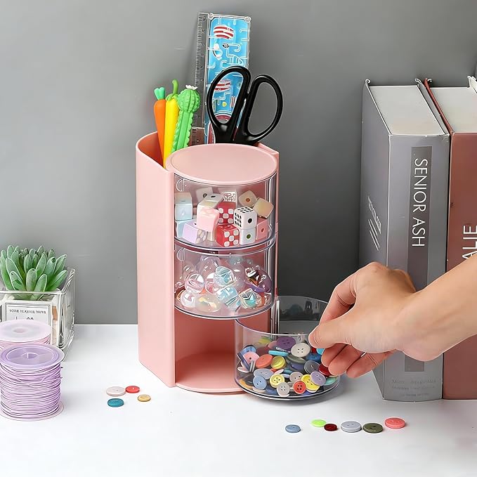 3-Layer Rotating Girls Hair Accessories Organizer Multi-Function Hair Brush Holder Makeup Organizer, Desktop Storage for Hair Clips, Hair Ties, Combs, Jewelry & Stationery (Pink)