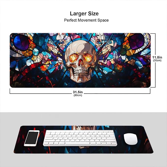 Cartoon Skull Gaming Mouse Pad Vintage Stained Glass XL Mouse Pad Large Mousepad Extended Laptop Keyboard Mat Gaming Desk Pad Mouse Mat 31.5"x11.8" Office Computer Keyboard Laptop Home