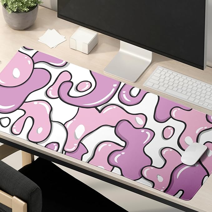 Pink White Gaming Mouse Pad Geometric Japanese Extended Mouse Pad 35.4X15.7in Full Desk Mousepad Gaming with Anti-Slip Base Stitched Edges Keyboard Laptop Large Desk Mouse Mat Pad for Worker Gamer