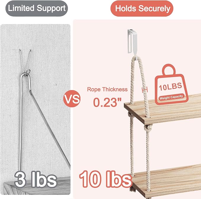 2 Pack Fabric Wall Cubicle Shelf, 11.8" Wooden Hanging Cubicle Shelf Organizer with Hooks, Dual Mounting Options, Cotton Rope Storage Shelf, No-Drill Boho Style for Office Cubicles & Desk Decor