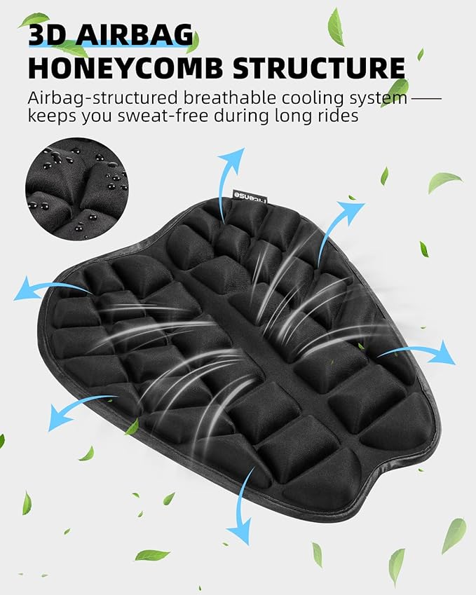 Fitense 13.8x15.8in Universal Motorcycle Seat Cushion with 3D Shock Absorption & Waterproof BSR Lycra - Dual Non-Slip Gel + Elastic Straps, Ergonomic TPE Support for Men Women Long Rides