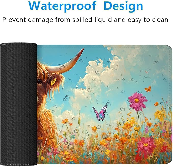 Cute Highland Cow Mouse Pad Colorful Flowers Butterfly Mousepad Extended Large Laptop Keyboard Non-Slip Rubber Base with Stitched Edges for Home Office Computer Keyboard Laptop Home 31.5x11.8 Inch