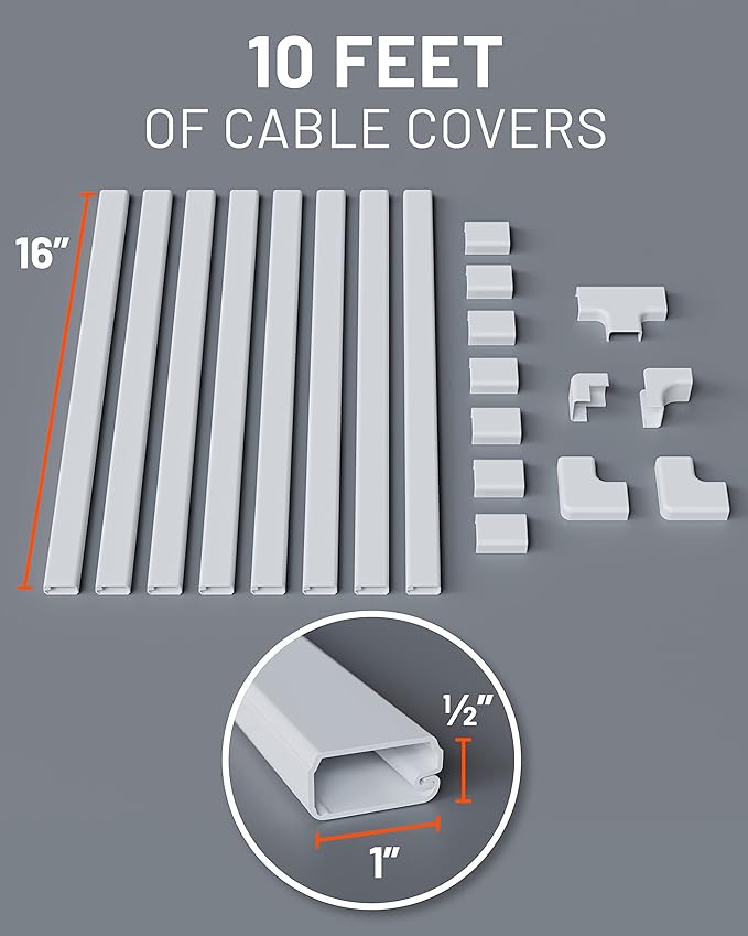 ECHOGEAR Cord Cover for Wires On Wall - Peel & Stick Cable Hider Channel with 10 feet of Plastic Raceway Plus Connector Pack - Ideal for Wall Mounted TVs - White