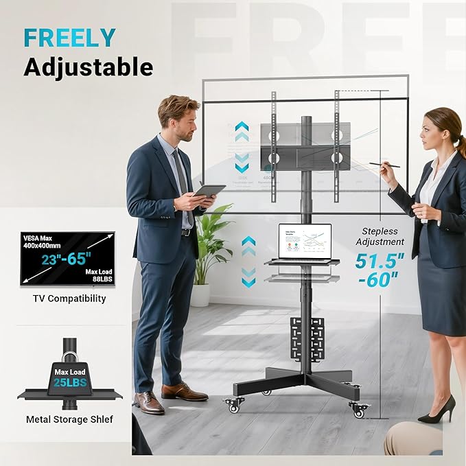BONTEC Rolling TV Stand with Pegboard Storage for 32–65 Inch TVs, Holds, Height Adjustable Mobile TV Cart on Metal Wheels with Shelf & Cable Management,Holds up to 88 lbs, Max VESA 400x400mm
