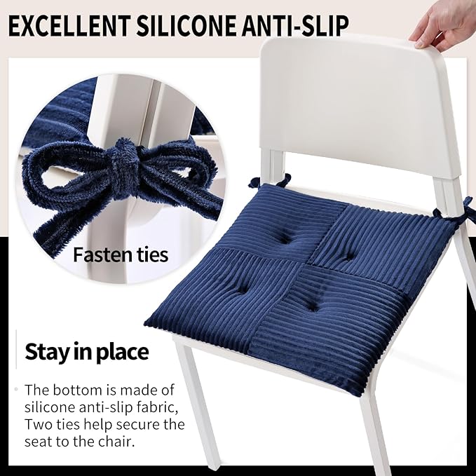 Office Stacking Chair Cushions 4 Pack, Corduroy High Density Foam Kitchen Seat Cushions with Ties, Square 17" x 17" Indoor Non-Slip Dining Chair Pads, Navy Blue，4pcs