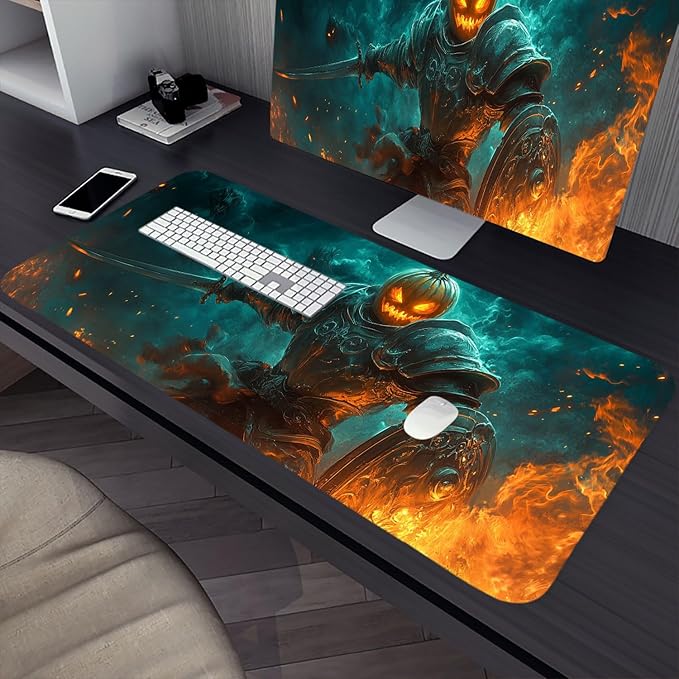 Pumpkin Head Knight Desk Pad Mouse Pad Fantasy Battle Fantasy Legend Extended Gaming Mouse Pad Mat with Stitched Edge Non-Slip Base Big Mouse Pad 31.5"x11.8" Office Computer Keyboard Laptop Home