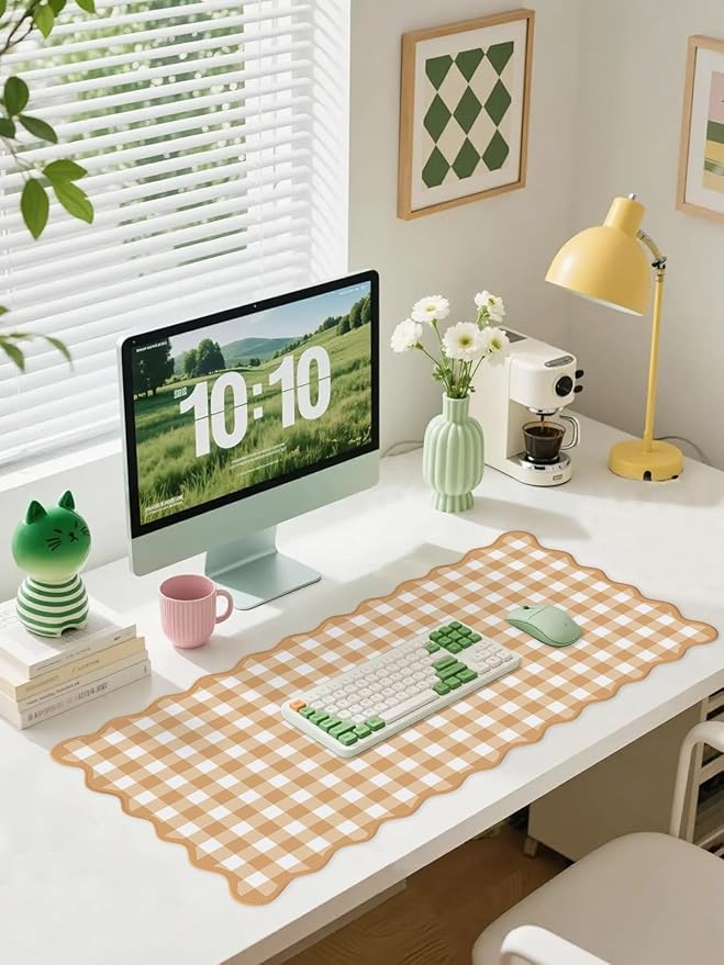 Scalloped‌ Orange Checkered Gingham Desk Mat Cute Pastel Large Mouse Pad Kawaii Cottagecore ‌Vintage‌ Rustic Keyboard Pad Computer Mat for Desktop Aesthetic Cozy Office Desk Decor