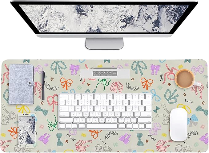 AUPET Leather Large Mouse Pad Desk Blotters – 35 x 17in Cute Desk Mat with PU Surface, Non-Slip Desk Pad Protector,Waterproof Desk Writing Pad for Office Home (Bow ties)