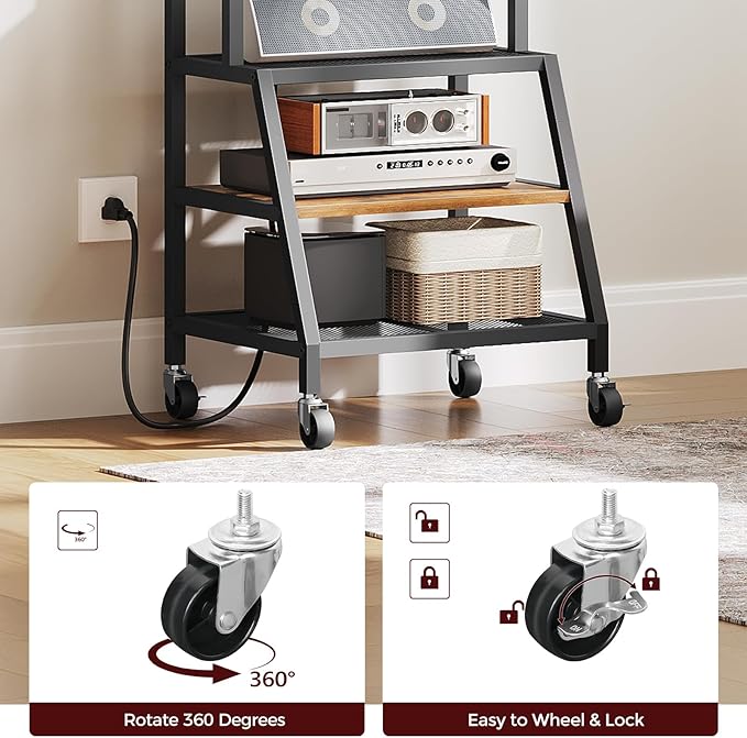 MAHANCRIS Rolling TV Stand with Mount, Corner TV Console with Wheels Up to 50 Inches, Entertainment Center with Storage, Small TV Stand with Power Outlet for Living Room, Rustic Brown TVHR117E01