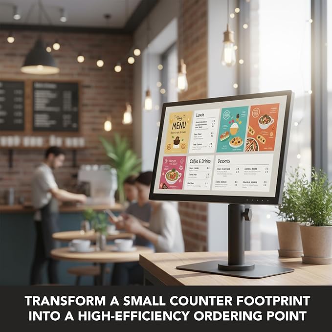 Mount-It! POS Monitor Stand, Adjustable Desktop VESA Mount for 13–32 Inch Screens, Height Adjustable Full Motion Swivel Tilt Rotation, Freestanding or Bolt-Down Base for Retail, Kiosks, Checkout