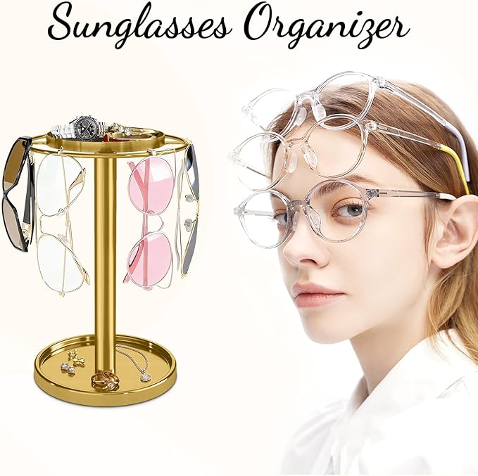 LSK 360° Rotating Sunglasses Organizer, Stainless Steel Glasses Holder Stand with Organizer Tray, Eyeglasses Holder with Storage Base for Dresser, Desk Table, Nightstand & Home Decor, Gold
