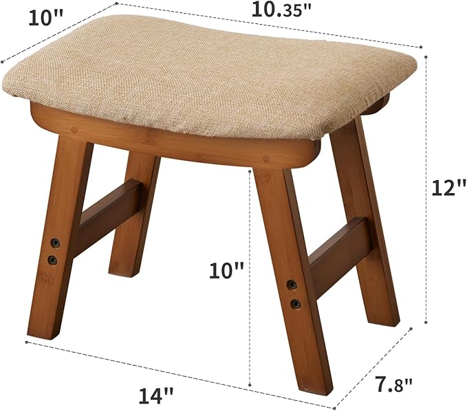 Kitsanery Foot Stool,Ottoman,Bamboo Small Sofa Foot Rest Under Desk,Extra Seating for Living Room, Bedroom and Kitchen(Brown Stool Legs - Beige Surface)
