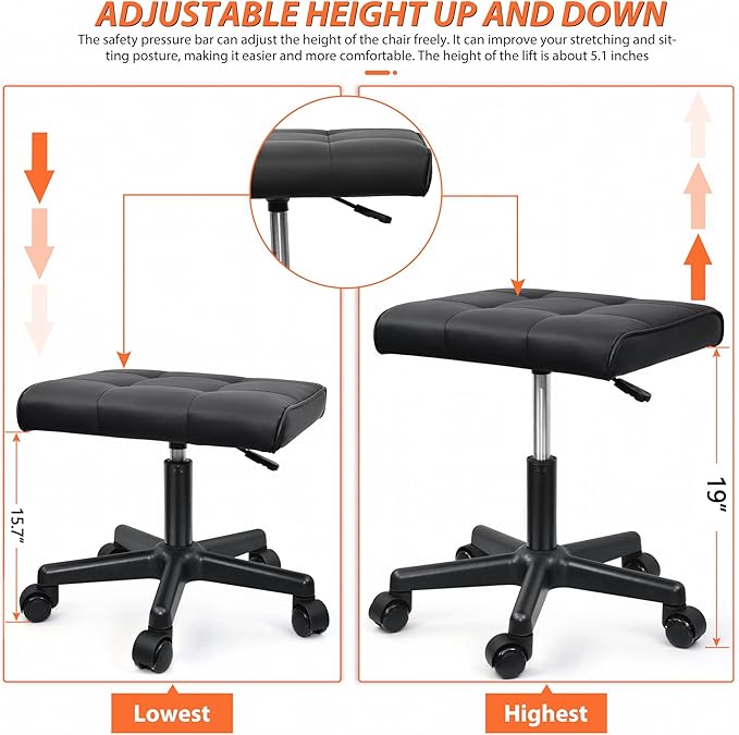 Footrest Under Desk Leg Rest Ottoman Adjustable Height Foot Stool with Wheels Leather Footrest for Home Office, Large (Black)