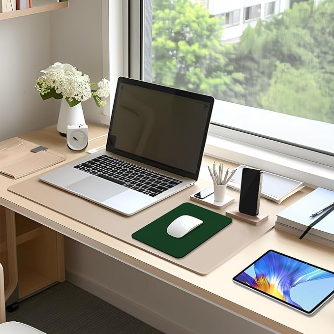 Leather Mouse Pad, Office Mouse Mat Non-Slip Rubber Base Stitched Edge Washable Waterproof Rectangular Mousepad for Office Gaming PC Laptop, 9.8" x 7.9", Dark Green