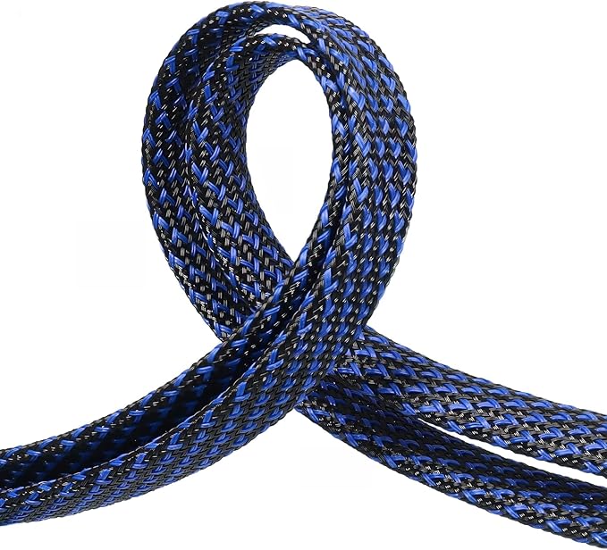 Braided Cable Sleeve, 33ft Expandable Wire Loom for Automotive Wiring Harness & PC Case, Pet-Proof Chew Resistant Cord Protector, Flexible Cable Management (Blue-Black, 10mm (3/8"))