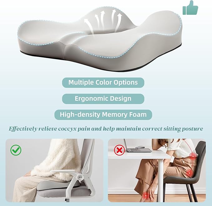 SheRest Seat Cushion, Ergonomic Memory Foam Cooling Cushion, Pressure Relief Suitable for Long Sitting Hours on Office Chairs, Desks, Cars and Airplane Seats, Gray