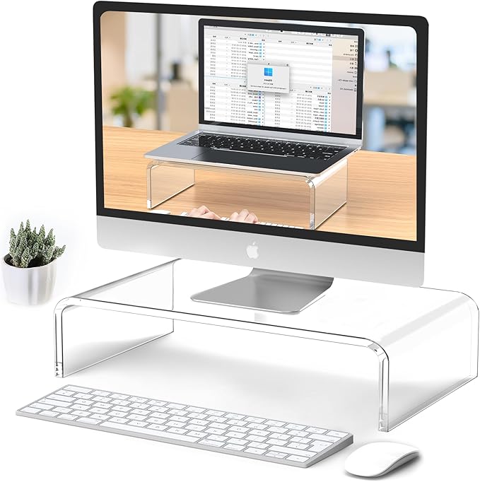 Acrylic Monitor Stand Riser 14'' Acrylic Laptop Stand for Desk Clear Computer Monitor Stand for Desk Accessories White Aesthetic Decorations for Office Home iMac Organizer