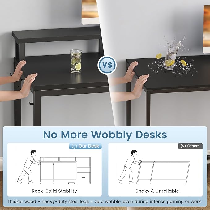 SEDETA 66" L Shaped Desk with Power Outlet, Reversible Home Office Computer Desk with File Drawer & Monitor Shelf, Storage Shelves, LED Lights for Corner Small Spaces, Black