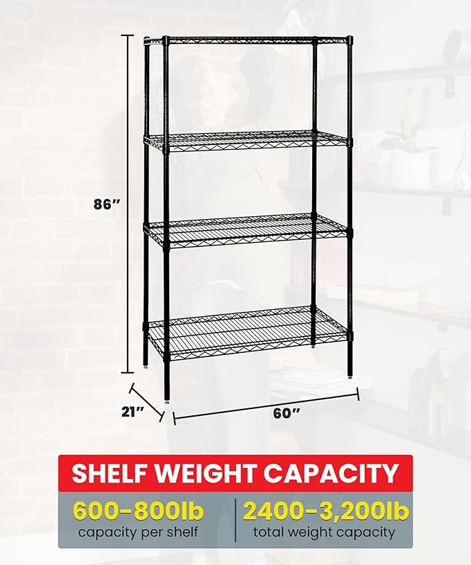Quantum Storage Systems WR86-2160BK Wire Shelving Starter Kit, 60" W x 21" D x 86" H, 600 lbs Capacity, Carbon Steel, Epoxy Coated, Black, NSF