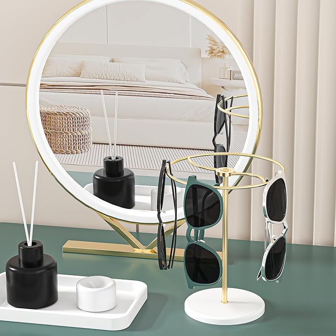 360° Rotating Sunglasses Organizer Stand, Eyewear Display Holder Stand, Eyeglasses Stand Rack for Nightstand Desk Bedroom or Shop Selling (Metal Frame+Acrylic Base) (Gold)