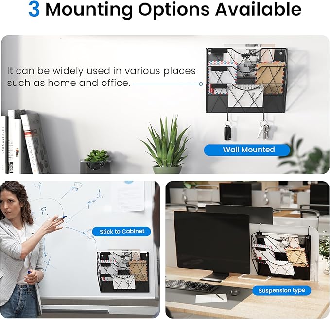 Patvingot Magnetic File Holder for Refrigerator & Cabinets | No-Drill Wall Mount Organizer | 3-Tier Vertical Mail & Magazine Holder for Office/Home (Black, Space-Saving Design)