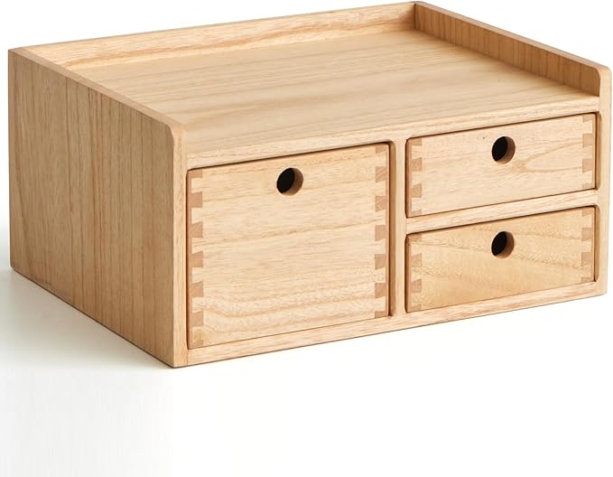 KIRIGEN Desk Organizer with 3 Drawers - Wood Drawer Storage Box with Trays for Tabletop - Workspace Office Toiletries Supplies Tool Caddy - Wooden Storage Cabinet Natural（DT1D3C-NA）