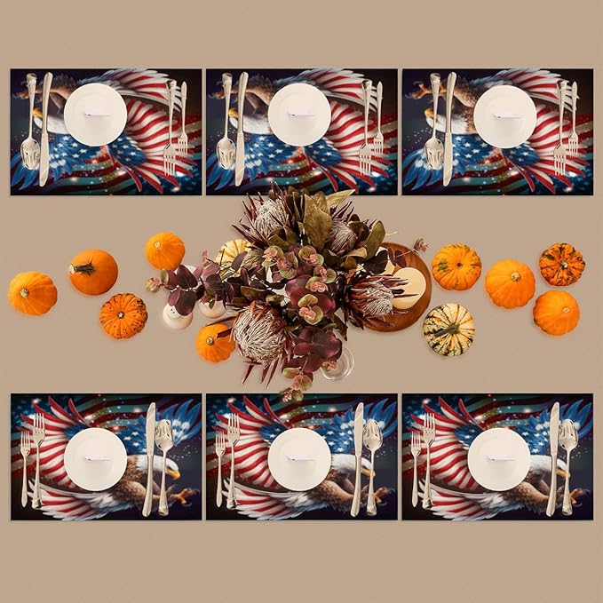 Placemats Set of 4 Heat-Resistant Rectangle Place Mats Independence Day Eagles Washable Plastic PVC Dining Table Mat Non-Slip Wipeable Woven Vinyl Placemat for Kitchen Patio Table Decor