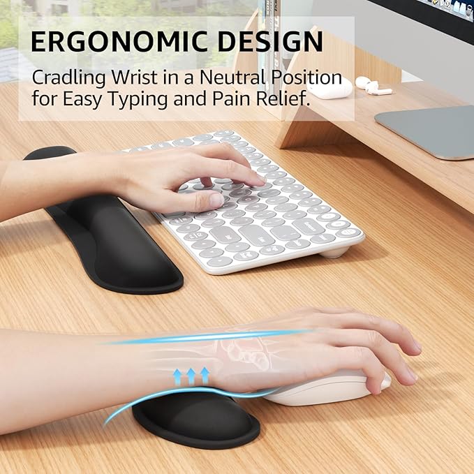 KTRIO Ergonomic Keyboard Wrist Rest and Mouse Wrist Rest Set, Memory Foam Wrist Support Pads for Typing, Gaming, Office & Home Use, Non-Slip Comfortable Design, Black