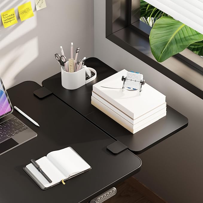 PEGZONE Desk Extender Tray, 24" x 12" Clamp On Desk Shelf, Desk Extension with Laptop Holder, Table Desk Arm Rest, Clamp On Keyboard Tray for Office and Home, Workstation Organizer, Medium, Black