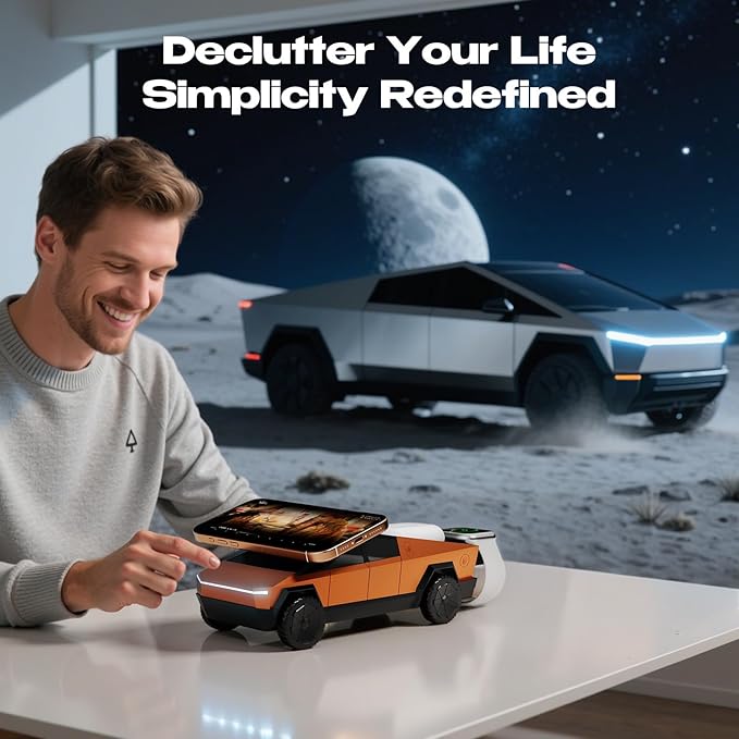 CyberDock 3-in-1 Wireless Charging Station, Cybertruck 1:25 Scale Charger with Qi2 Certified 15W Charging for iPhone iWatch AirPods, Magnetic Rotating Charger with Ambient Light, 30W Adapter, Orange