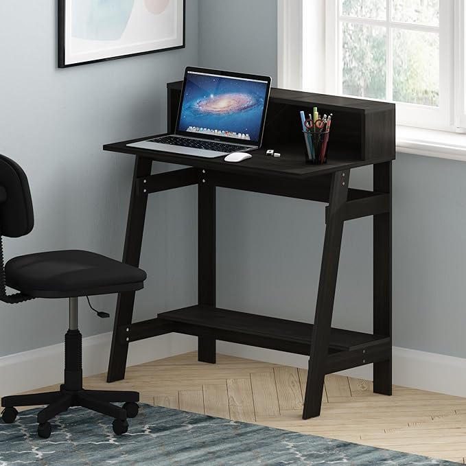 Furinno Simplistic 32-Inch Black Computer Desk, Small Office Desk, Rectangular Home Office Desk with Shelf, Gaming Desk for Home Office, Bedroom, Study Room, Black Espresso