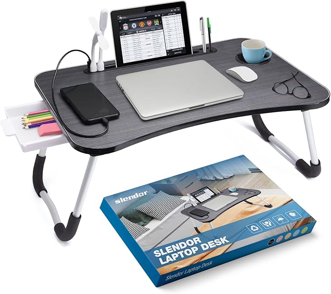 Slendor Lap Desk with Tablet Slot, Foldable Laptop Table with Storage Drawer for Bed，Portable Bed Desk for Laptop, Computer Tray with Cup Holder Notebook Stand Reading Holder for Couch Floor, Black