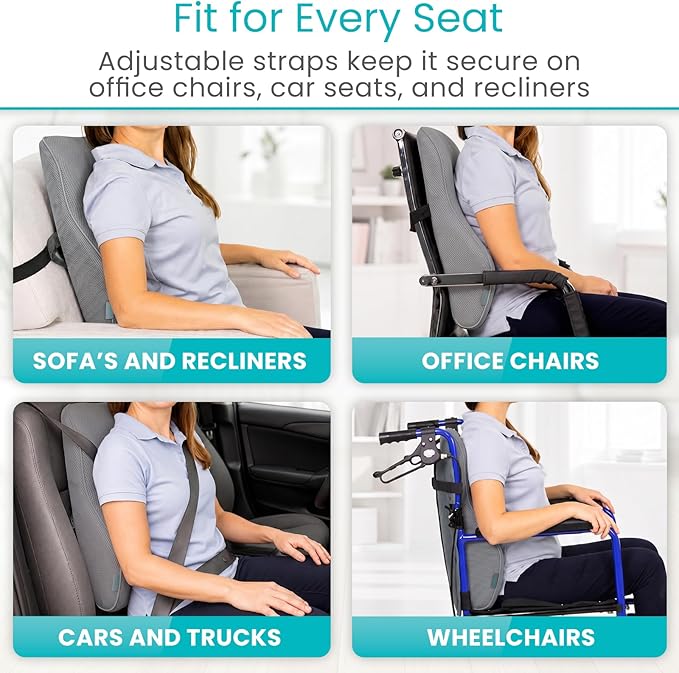 Vive Full Lumbar Cushion - Memory Foam Contour Support for Lower Back Pain - Ergonomic Pressure Relief for Office Chair, Car - Large Mesh Orthopedic Seat Backrest Roll for Improving Posture (Gray)