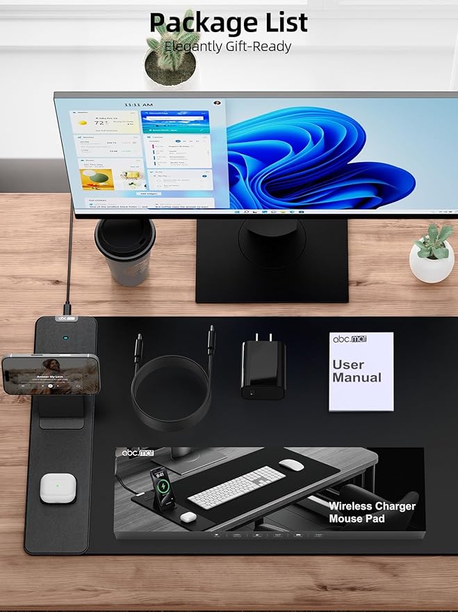 4-in-1 Mouse Pad with Magnetic Wireless Charging & Phone Stand, 31.5"x15.8" Large, Waterproof Smooth Surface, Non-Slip Base, with Adapter