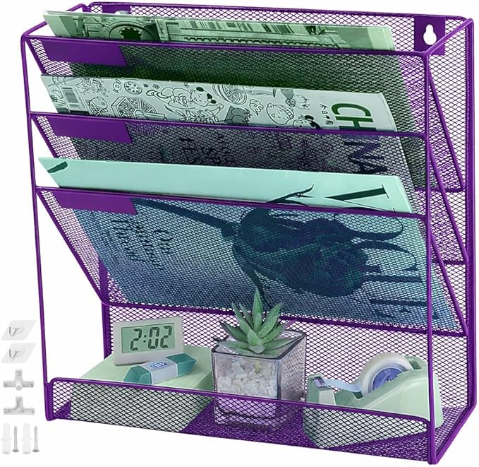 3 Pockets Mesh Wall File Holder Organizer with Bottom Flat Tray, Office Hanging File Folder Magazine Rack, Nametag Label Hooks Set Included, Purple