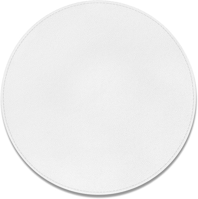 Leather Mouse Pad, Office Mouse Mat Non-Slip Rubber Base Stitched Edge Washable Waterproof Round Mousepad for Office Gaming PC Laptop, Round Diameter 8.7 inches, White