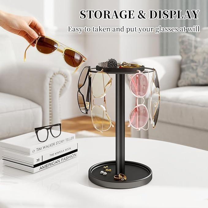 LSK 360° Rotating Sunglasses Organizer, Stainless Steel Glasses Holder Stand with Tray, Glasses Organizer with Storage Base for Dresser, Desk Table, Nightstand & Home Decor, Black