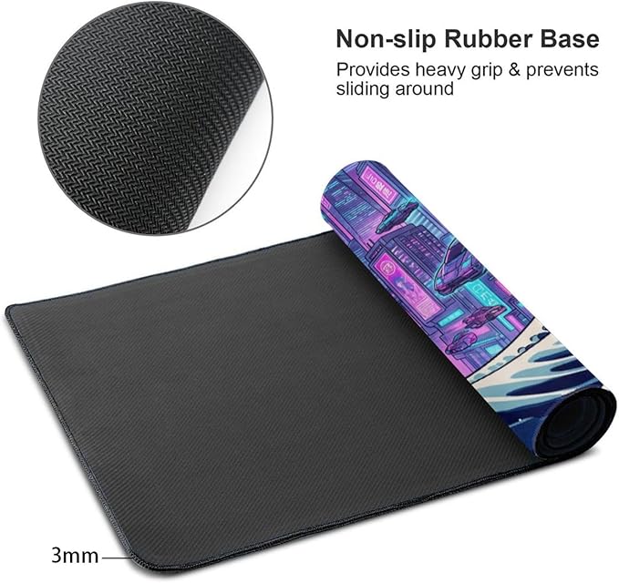 Cyberpunk Extended Mouse Pad 48x24in, Neon City Wave Gaming Desk Mat, Anti-Slip Rubber Base Mousepad for PC Gamers & Streamers