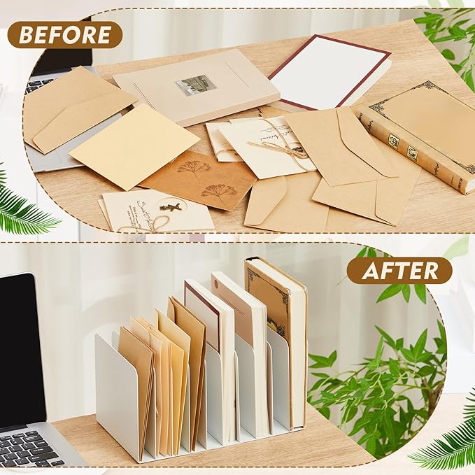 Suzile Metal Desktop File Organizer, 10 Compartments, Vertical File Sorter, White, 5.79" W x 10.63" L x 5.41" H, Office, Reception Areas, Workspace