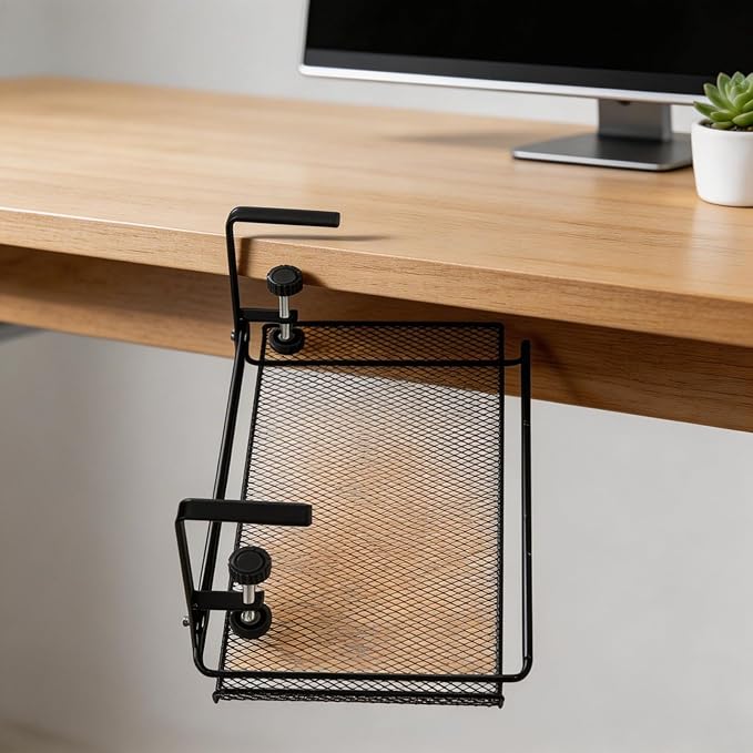Adjustable Under Desk Cable Management Tray, 4.5-8.5cm Height Carbon Steel Wire Organizer Shelf for Office Home, No Drill Hanging Cord Holder Rack, Black or White(Black L)
