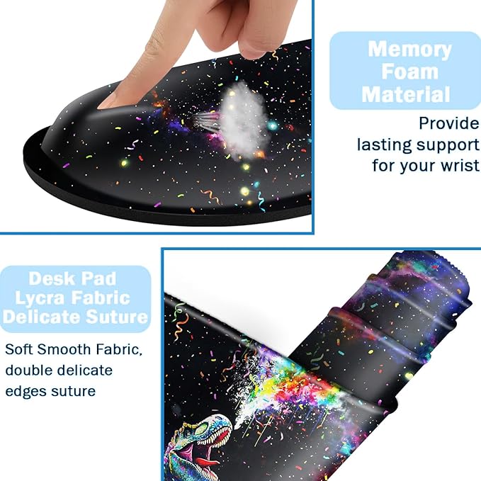 Ergonomic Mouse Pad Set with Wrist Support for Keyboard and Wrist Rest for Mouse, Memory Foam Comfort, Non-Slip Large Desk Mat for Home Office Pain Relief,Colorful Dinosaur